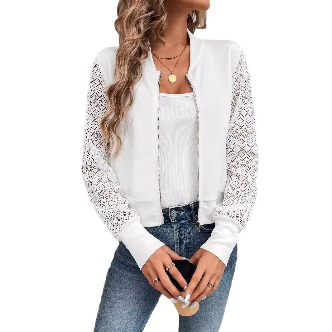 Women's lace patchwork hollow texture fabric casual baseball jacket - Negative Apparel