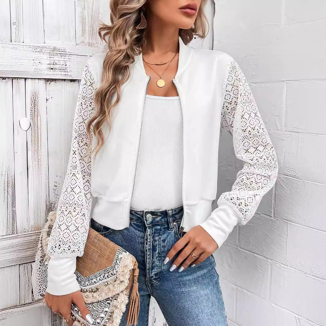 Women's lace patchwork hollow texture fabric casual baseball jacket - Negative Apparel