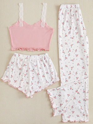 Women's Lace Trim Cami Top And Floral Print Shorts & Long Pants Pajama Set - Negative Apparel