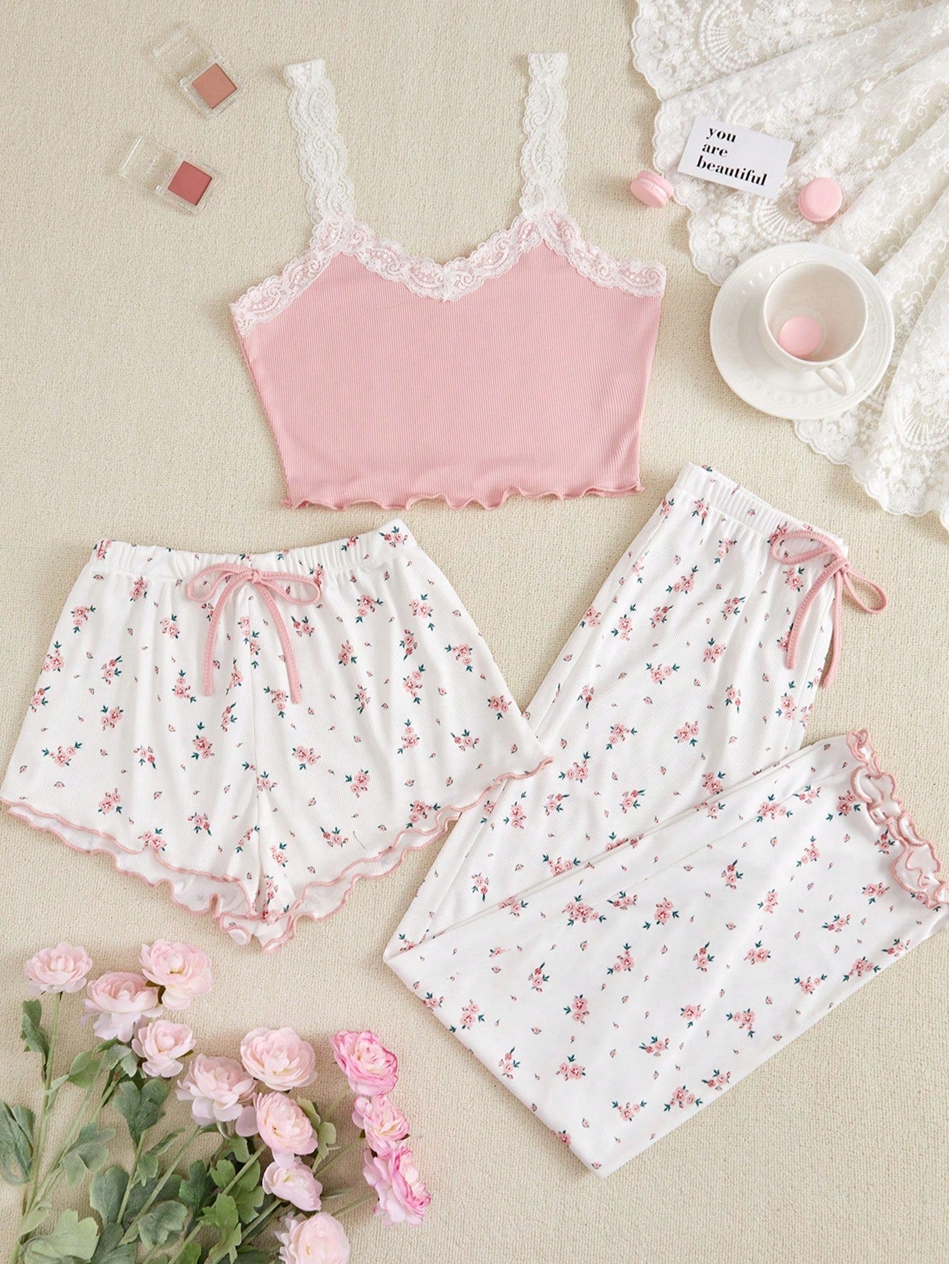 Women s Lace Trim Cami Top And Floral Print Shorts Long Pants Pajama Set Negative Apparel