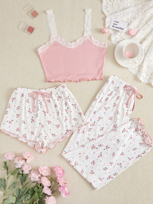 Women's Lace Trim Cami Top And Floral Print Shorts & Long Pants Pajama Set - Negative Apparel