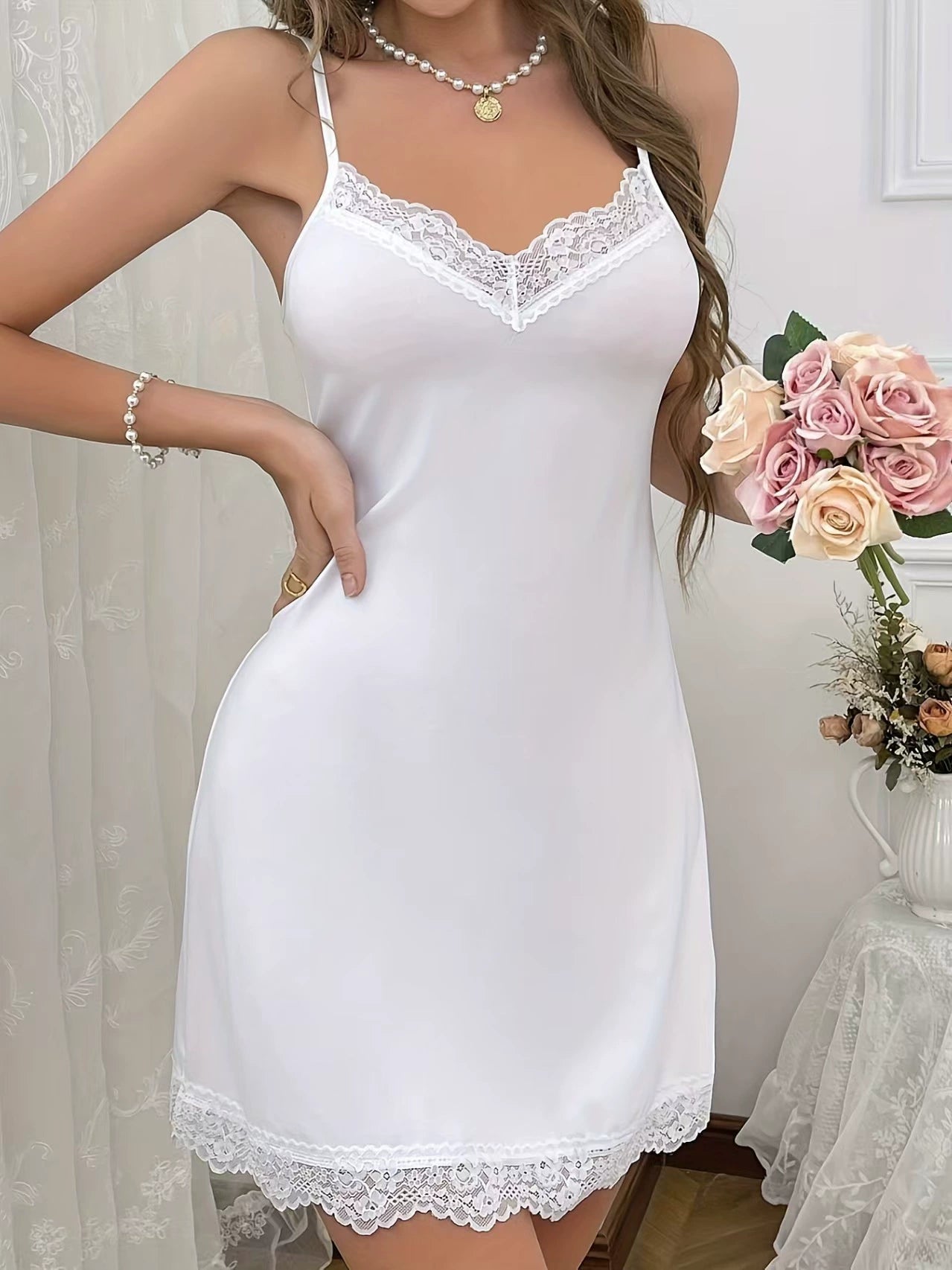 Women's Lace Trimmed Strappy Pajama Night Dress - Negative Apparel