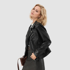 Women's leather jacket short jacket new waist fashion autumn American slim locomotive clothing black jacket - Negative Apparel