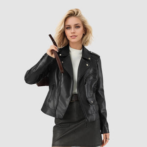 Women's leather jacket short jacket new waist fashion autumn American slim locomotive clothing black jacket - Negative Apparel