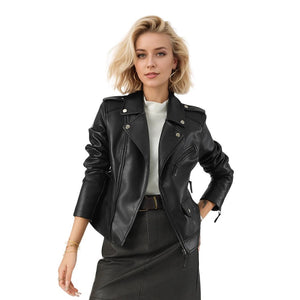 Women's leather jacket short jacket new waist fashion autumn American slim locomotive clothing black jacket - Negative Apparel