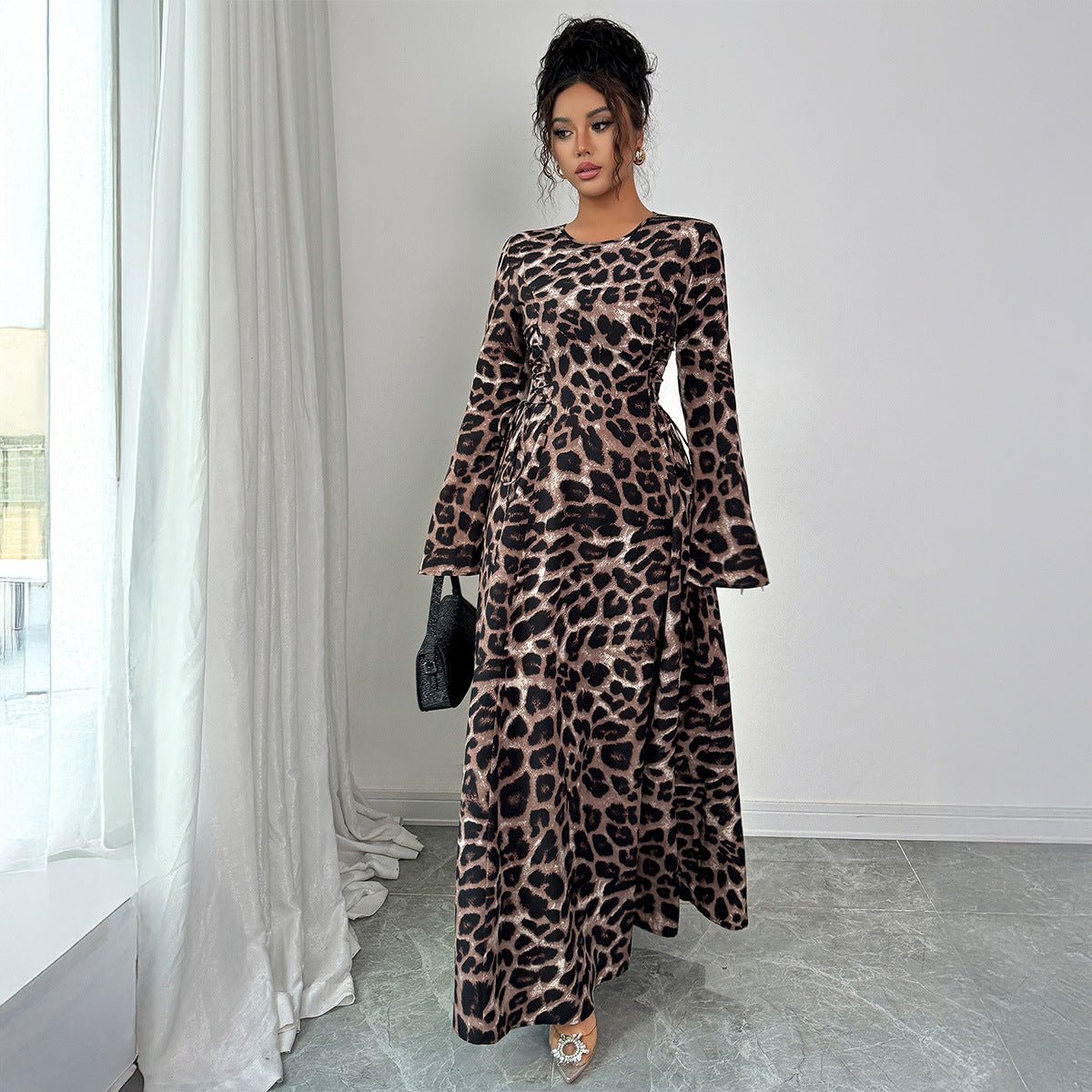Women’s Leopard Print A - Line Midi Dress | Long Sleeve High Waist – Autumn 2025 Collection - Negative Apparel