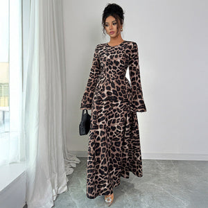 Women’s Leopard Print A - Line Midi Dress | Long Sleeve High Waist – Autumn 2025 Collection - Negative Apparel