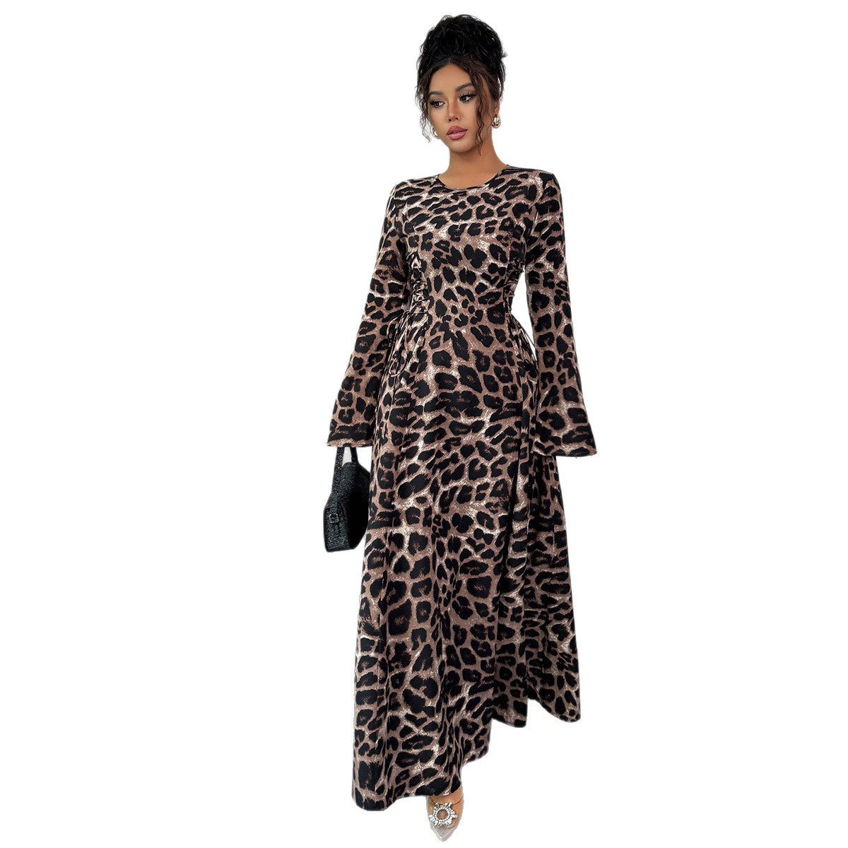 Women’s Leopard Print A - Line Midi Dress | Long Sleeve High Waist – Autumn 2025 Collection - Negative Apparel