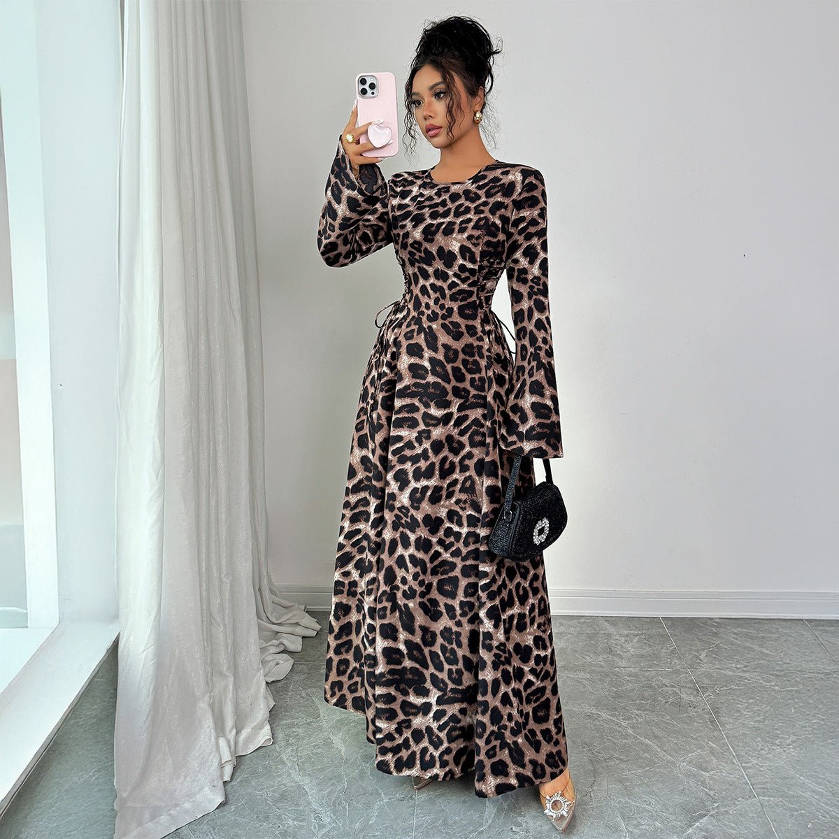Women’s Leopard Print A - Line Midi Dress | Long Sleeve High Waist – Autumn 2025 Collection - Negative Apparel