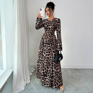 Women’s Leopard Print A - Line Midi Dress | Long Sleeve High Waist – Autumn 2025 Collection - Negative Apparel