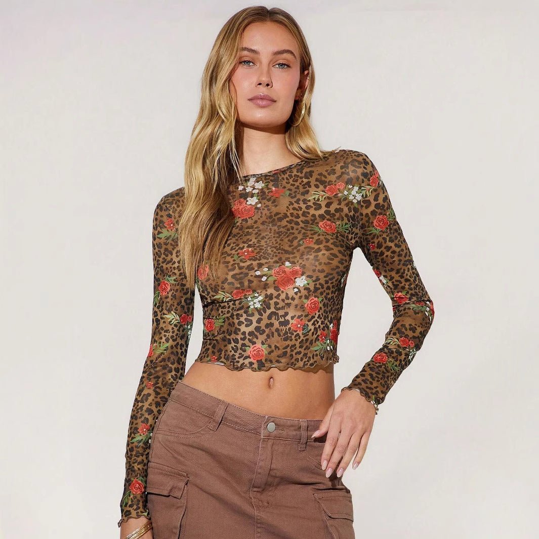 Women's leopard print flower printing mesh yarn crew neck short long - sleeved T-shirt top - Negative Apparel