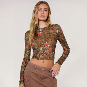 Women's leopard print flower printing mesh yarn crew neck short long - sleeved T-shirt top - Negative Apparel