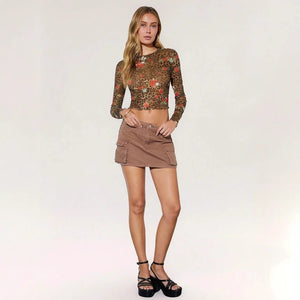 Women's leopard print flower printing mesh yarn crew neck short long - sleeved T-shirt top - Negative Apparel