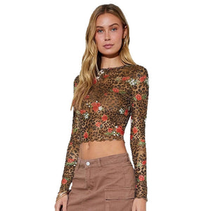 Women's leopard print flower printing mesh yarn crew neck short long - sleeved T-shirt top - Negative Apparel