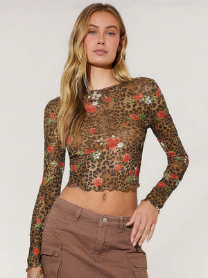 Women's leopard print flower printing mesh yarn crew neck short long - sleeved T-shirt top - Negative Apparel
