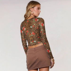 Women's leopard print flower printing mesh yarn crew neck short long - sleeved T-shirt top - Negative Apparel