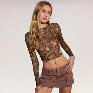 Women's leopard print flower printing mesh yarn crew neck short long - sleeved T-shirt top - Negative Apparel