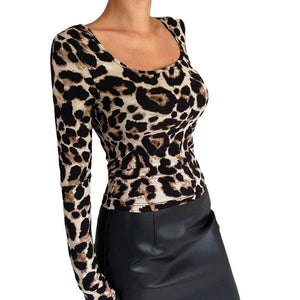 Women's leopard print large round neck slim long - sleeved T-shirt top - Negative Apparel