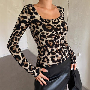 Women's leopard print large round neck slim long - sleeved T-shirt top - Negative Apparel