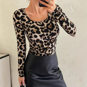 Women's leopard print large round neck slim long - sleeved T-shirt top - Negative Apparel