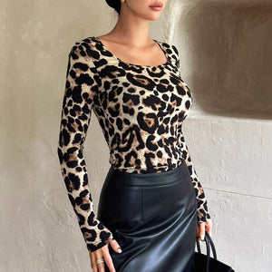 Women's leopard print large round neck slim long - sleeved T-shirt top - Negative Apparel