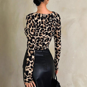 Women's leopard print large round neck slim long - sleeved T-shirt top - Negative Apparel