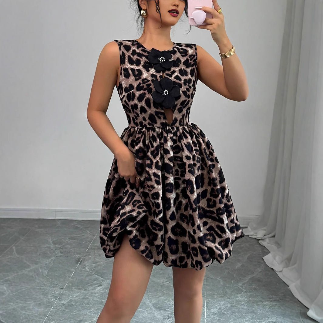 Women's leopard print three - dimensional flower decorative dress - Negative Apparel