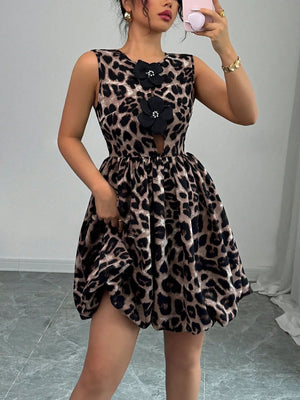 Women's leopard print three - dimensional flower decorative dress - Negative Apparel