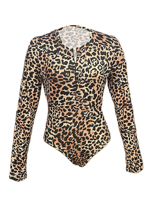 Women's leopard print tights fingerless bodysuit tops long - sleeved zipper bottoming bodysuit - Negative Apparel