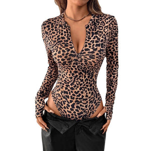Women's leopard print tights fingerless bodysuit tops long - sleeved zipper bottoming bodysuit - Negative Apparel