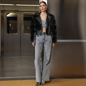 Women’s Long Black Faux Fur Coat – Elegant Lapel Zipper Jacket - Negative Apparel