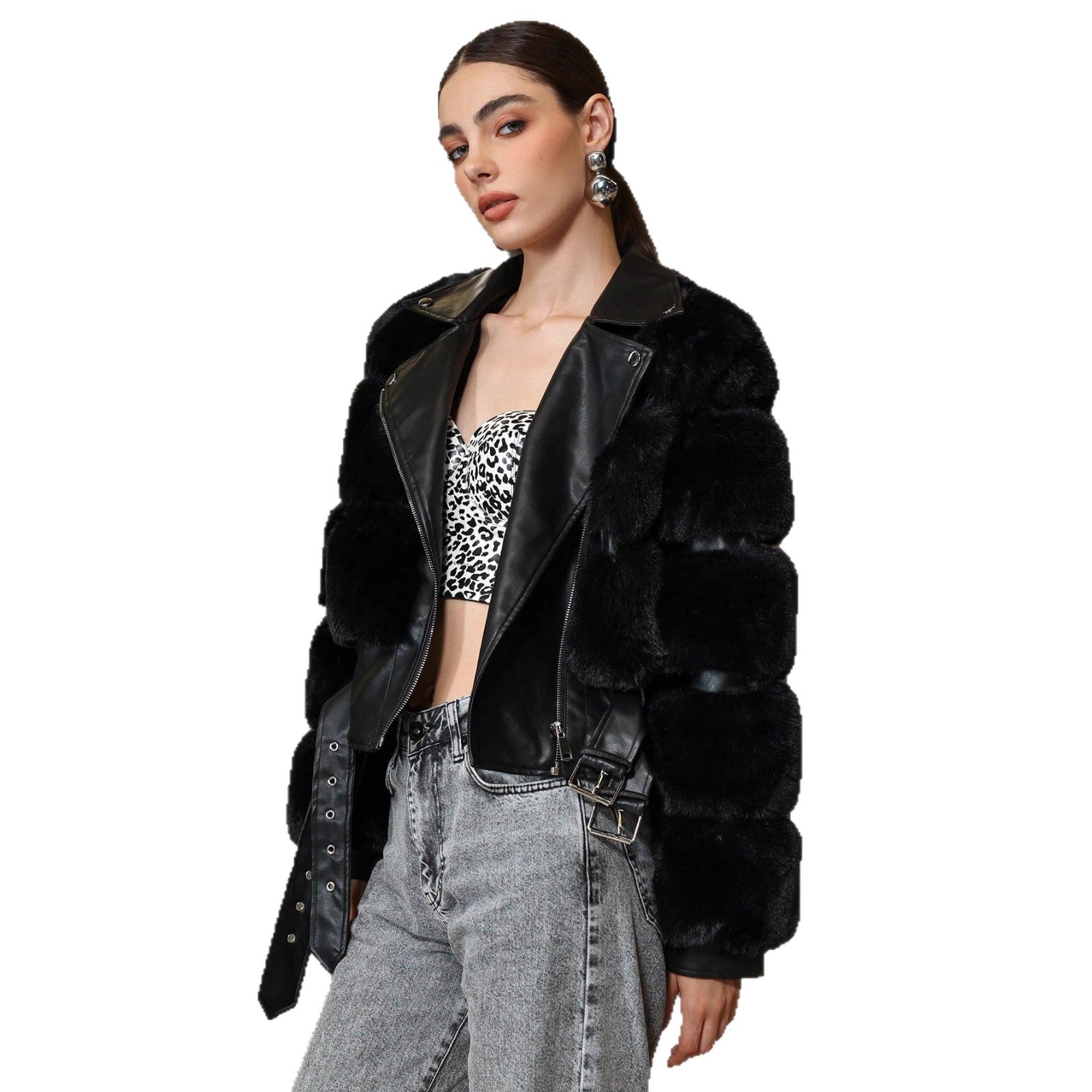 Women’s Long Black Faux Fur Coat – Elegant Lapel Zipper Jacket - Negative Apparel