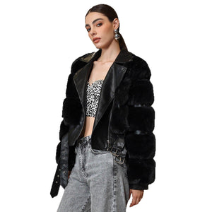 Women’s Long Black Faux Fur Coat – Elegant Lapel Zipper Jacket - Negative Apparel