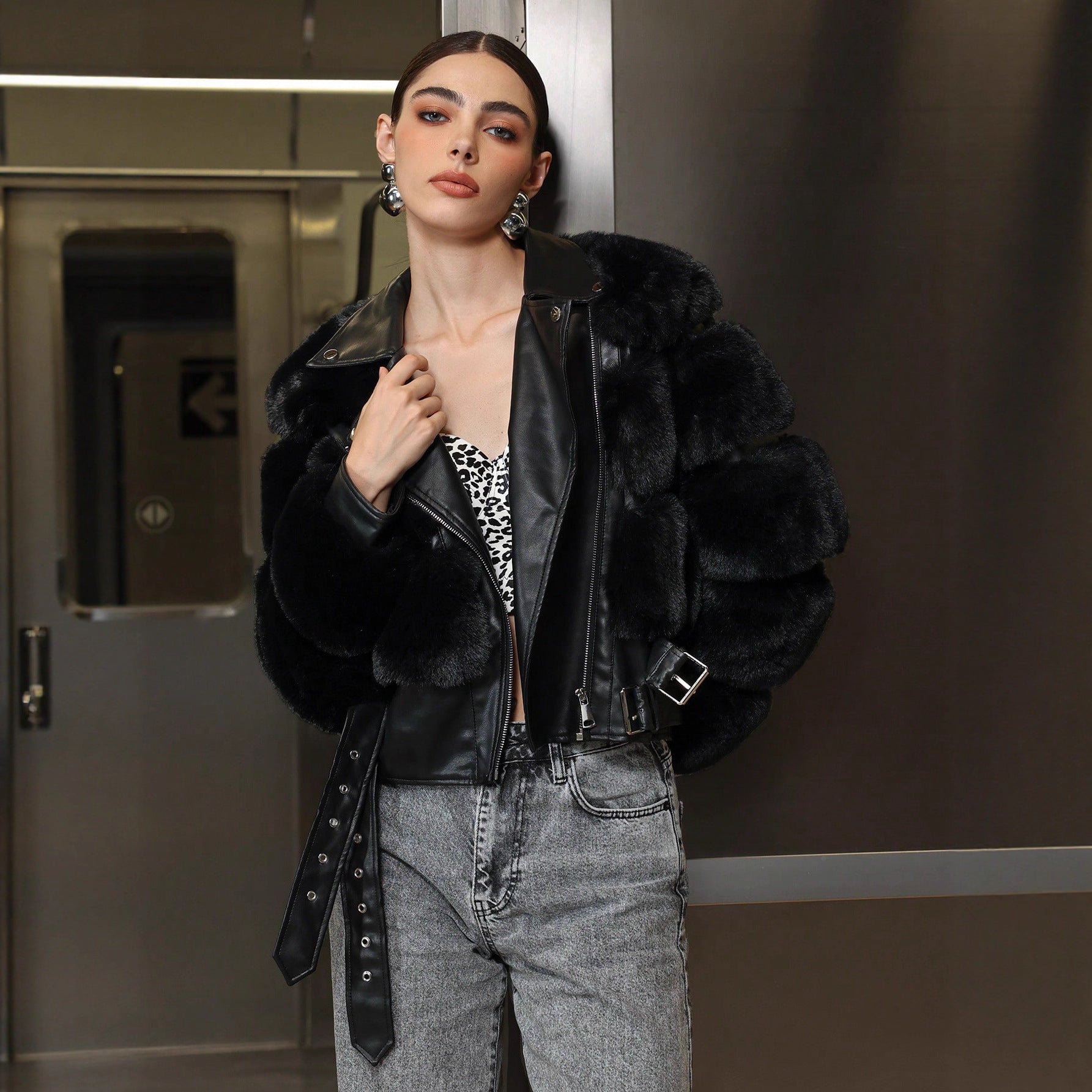 Women’s Long Black Faux Fur Coat – Elegant Lapel Zipper Jacket - Negative Apparel