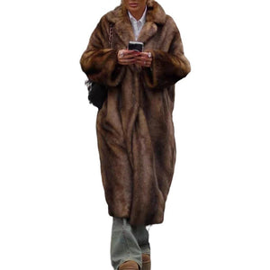 Women’s Long Brown Faux Fur Coat – Street Hipster Style Lapel Collar Winter Jacket - Negative Apparel