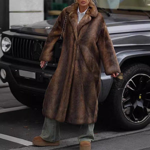 Women’s Long Brown Faux Fur Coat – Street Hipster Style Lapel Collar Winter Jacket - Negative Apparel