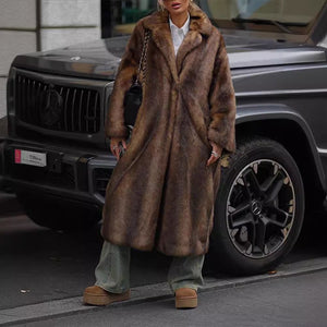 Women’s Long Brown Faux Fur Coat – Street Hipster Style Lapel Collar Winter Jacket - Negative Apparel