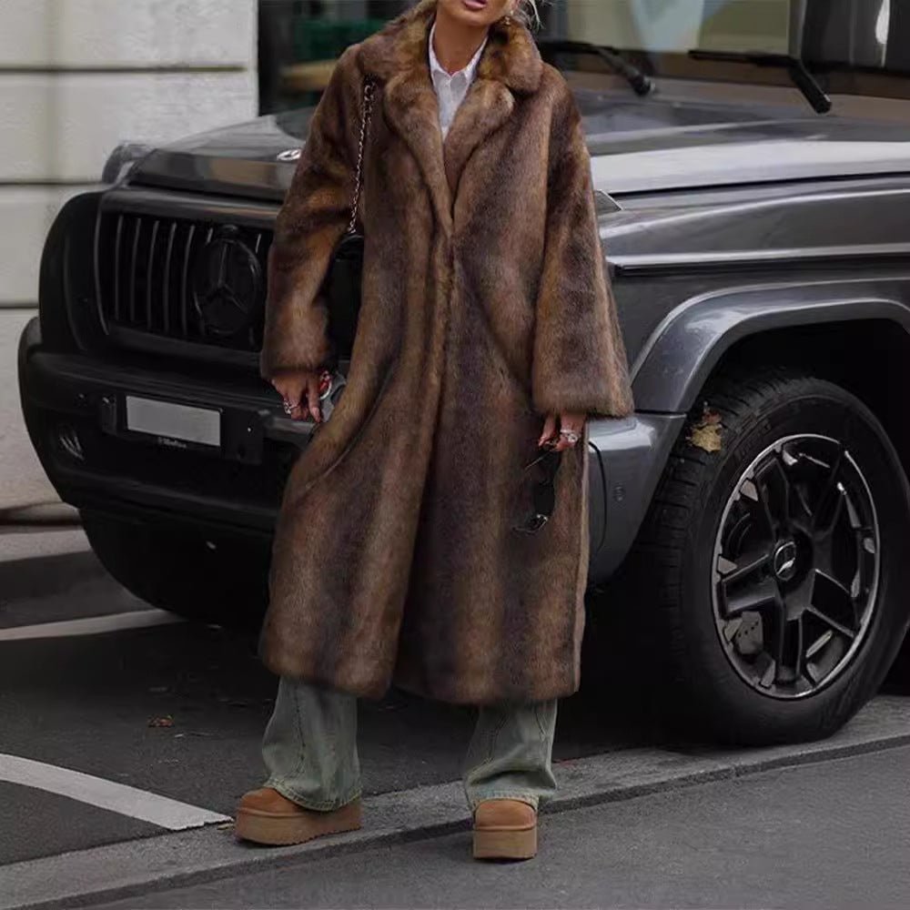 Women’s Long Brown Faux Fur Coat – Street Hipster Style Lapel Collar Winter Jacket - Negative Apparel