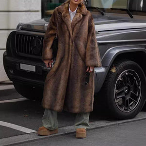 Women’s Long Brown Faux Fur Coat – Street Hipster Style Lapel Collar Winter Jacket - Negative Apparel