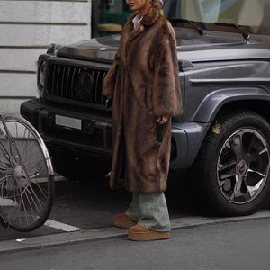 Women’s Long Brown Faux Fur Coat – Street Hipster Style Lapel Collar Winter Jacket - Negative Apparel