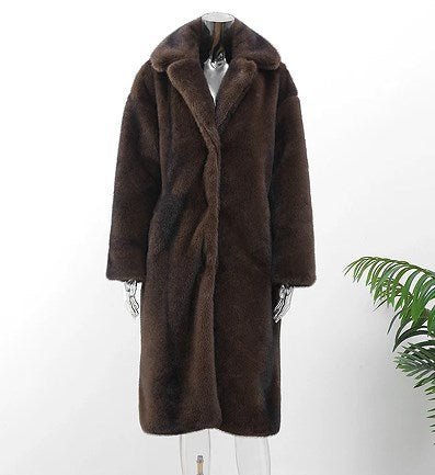 Women’s Long Brown Faux Fur Coat – Street Hipster Style Lapel Collar Winter Jacket - Negative Apparel