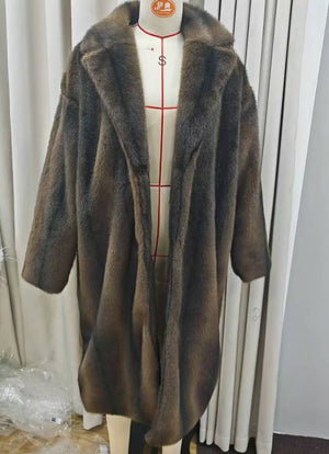 Women’s Long Brown Faux Fur Coat – Street Hipster Style Lapel Collar Winter Jacket - Negative Apparel