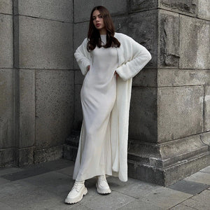 Women’s Long Plush Cardigan Sweater | Thick Nylon Knit | V - Neck Cozy Outerwear | Korean Casual Style | Autumn 2025 Fashion - Negative Apparel