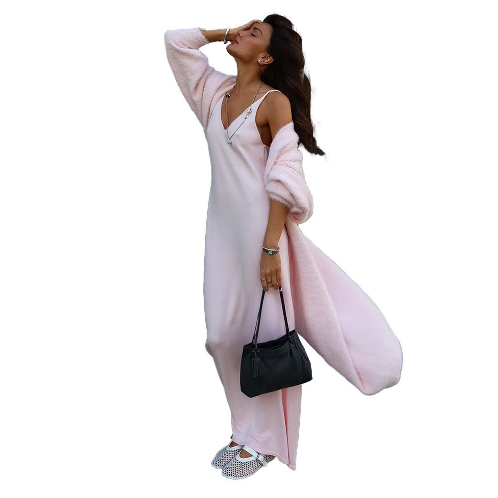 Women’s Long Plush Cardigan Sweater | Thick Nylon Knit | V - Neck Cozy Outerwear | Korean Casual Style | Autumn 2025 Fashion - Negative Apparel