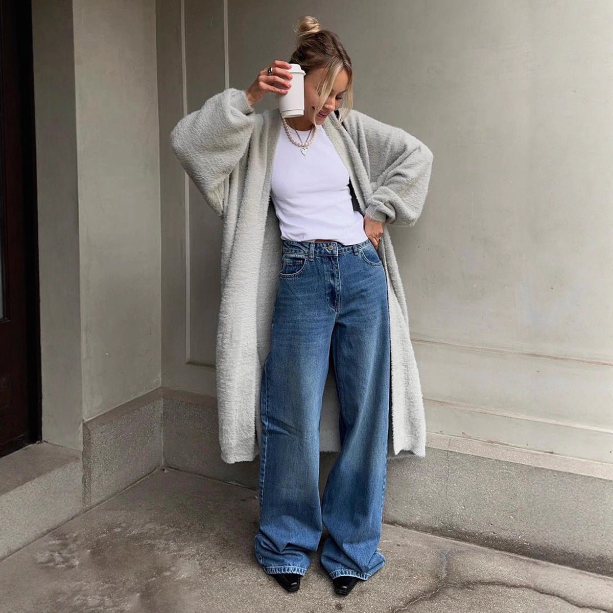 Women’s Long Plush Cardigan Sweater | Thick Nylon Knit | V - Neck Cozy Outerwear | Korean Casual Style | Autumn 2025 Fashion - Negative Apparel