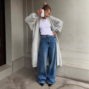 Women’s Long Plush Cardigan Sweater | Thick Nylon Knit | V - Neck Cozy Outerwear | Korean Casual Style | Autumn 2025 Fashion - Negative Apparel