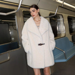 Women’s Long White Faux Fur Coat with Belt – Lapel Collar Elegant Winter Jacket - Negative Apparel