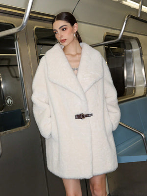Women’s Long White Faux Fur Coat with Belt – Lapel Collar Elegant Winter Jacket - Negative Apparel