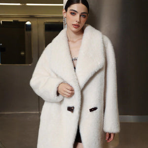 Women’s Long White Faux Fur Coat with Belt – Lapel Collar Elegant Winter Jacket - Negative Apparel