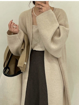 Women’s Long Wool Blend Knit Cardigan | V - Neck Lazy Fit Sweater Coat - Negative Apparel